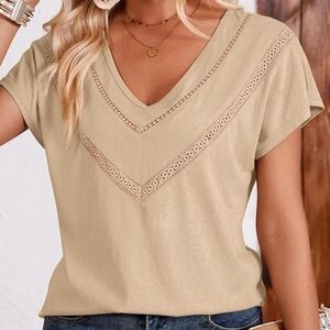 Women's V-Neck Tee Shirt, Short Cap Sleeve, Loose Fit Top, Tan, 2XL